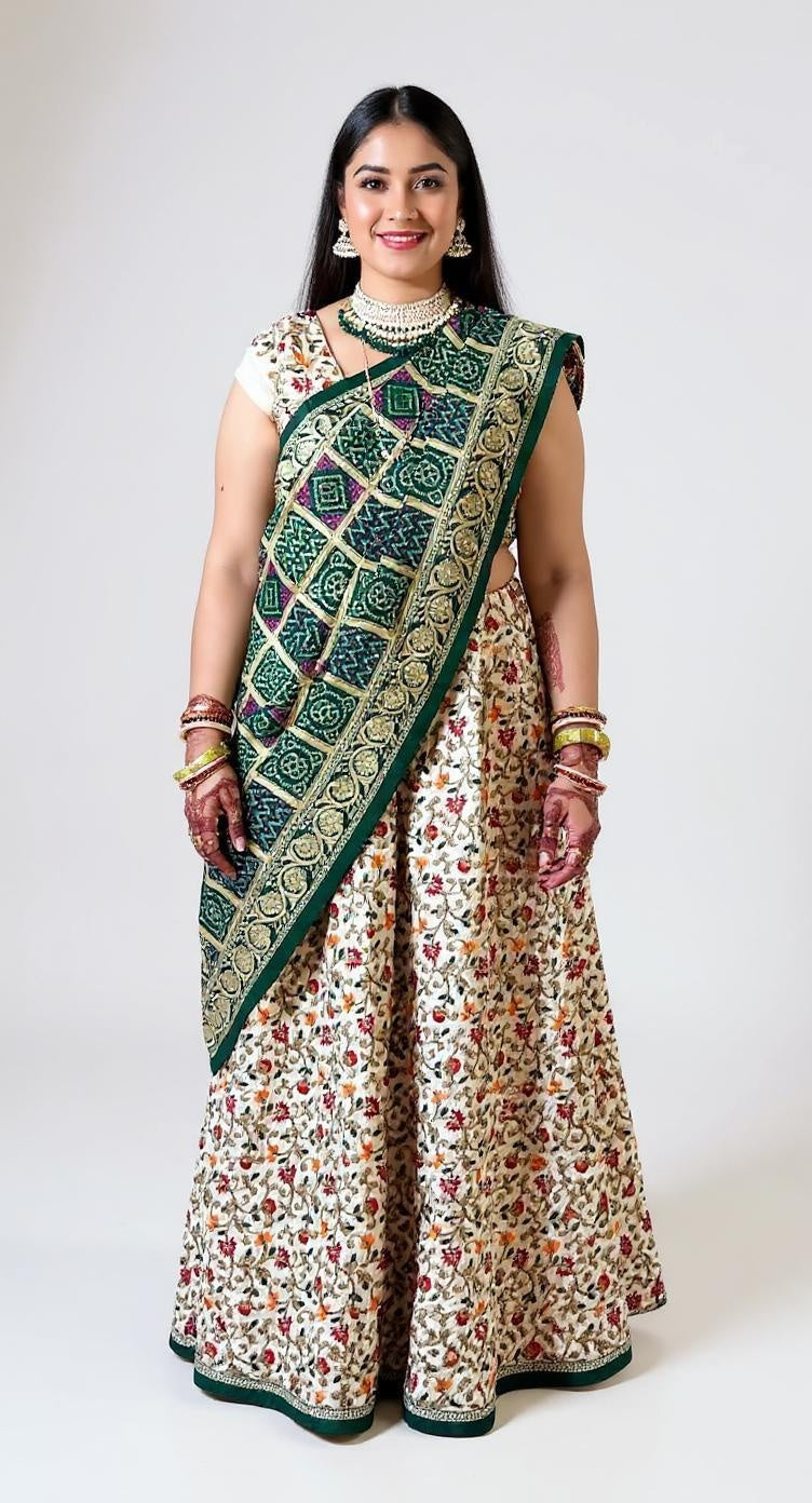 Green and white-multicolor Chaniya Choli